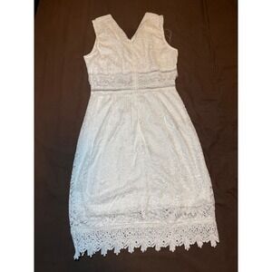 White‎ Lace V Neck Sleeveless Sheath Dress Midi Sheer Overlay